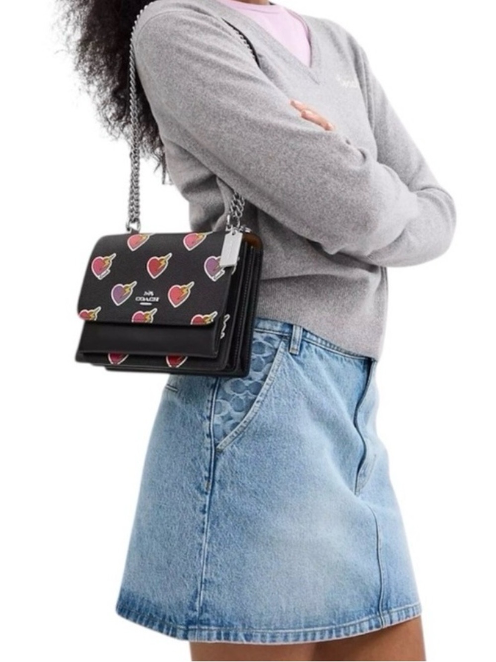 Coach Black Leather Crossbody with Multicolor Heart Motif